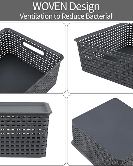 Xyskin 6 Pack Weave Storage Baskets with Lids, Plastic Stackable Storage Basket for Multipurpose, Gray