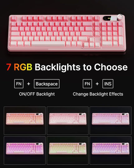 V102 Wired Keyboard, 98 Keys Creamy Gaming Keyboard with Number Pad, Display Screen & Media Knob RGB Silent Wired Cute Computer Keyboard for Laptop PC Gamer - Gradient Pink