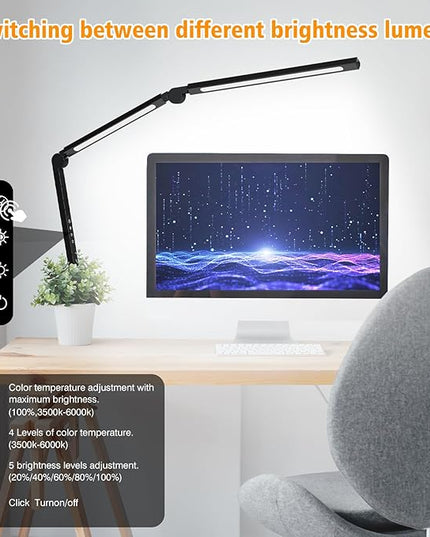 LED Desk Lamp with Clamp, Adjustable Swing Arm for Home Office, Dimmable Tempering Eye Care, Bright Modern Led Table Lamp for Nail Tech Architect, Flexible Tall Task Table Light