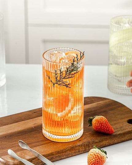 Set of 8 Ribbed Glassware, 4 Large Glasses 13 oz, 4 Rocks Glass Cups 10 oz