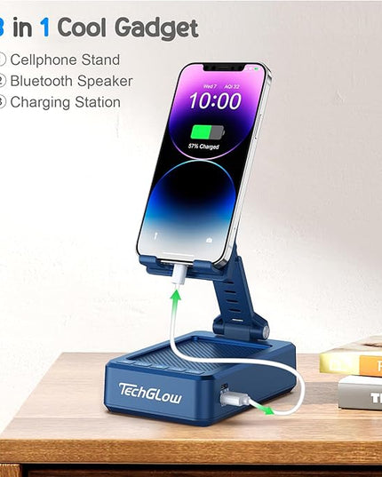 TechGlow Gifts for Men Women Foldable Cellphone Stand with Bluetooth Speaker and Charging Funtion Birthday Gift Idea for Mom Dad Cool Gadget Tech Gifts-Blue