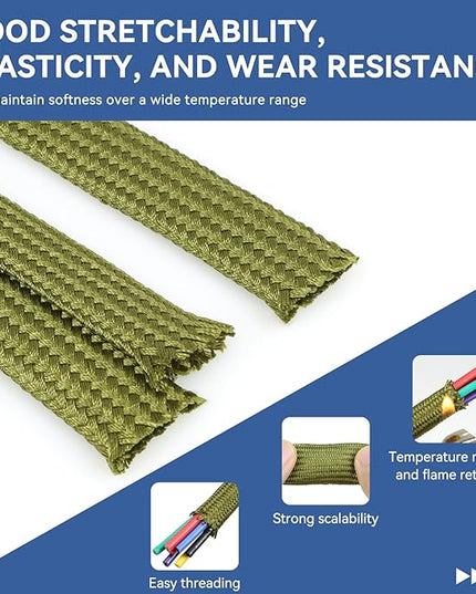 YOUBO Polyamide Braided Sleeving, 33ft Expandable Wire Loom Abrasion Resistant Split Cable Sleeve for Automotive Harness, Computer Case & Cable Management (Army Green, 10mm（3/8"）)
