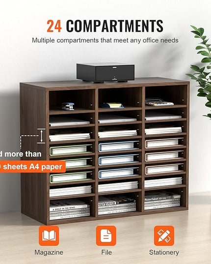 VEVOR 24-Compartment Office Mailbox, Adjustable Shelves, Wood Literature Sorter 29x12x24.4 inches – Ideal for Office, Home, Classroom, Mailrooms Organization – EPA Certified (Brown)