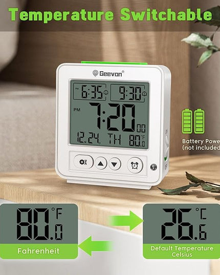 Geevon Smart Night Light Small Digital Alarm Clock with 2 Increasing Beep Alarm, Indoor Temperature, Battery Operated Travel Clock for Bedroom, Bedside, Desk(White)