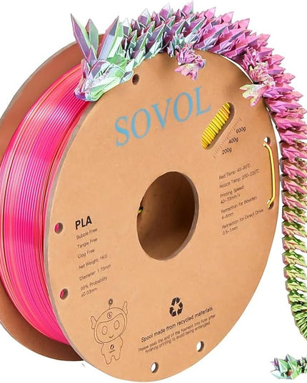 Sovol PLA Filament Silk Tri Color Co-Extrusion 1.75mm, 3D Printer Filament 1kg/ 2.2lbs, Shiny Silk Rose Blue Yellow 3 in 1 Coextrusion PLA Material +/-0.03mm