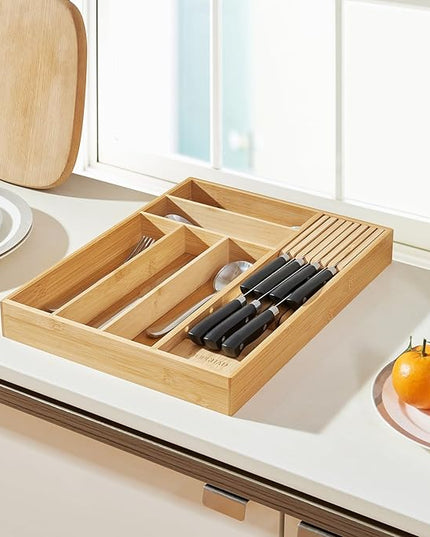 Small-Bamboo-Silverware-Drawer-Organizer, Expandable Utensil Kitchen Cutlery Tray Flatware Organization Adjustable Wood Tableware Dividers Storage (with Removable Knife Block)(Natural)