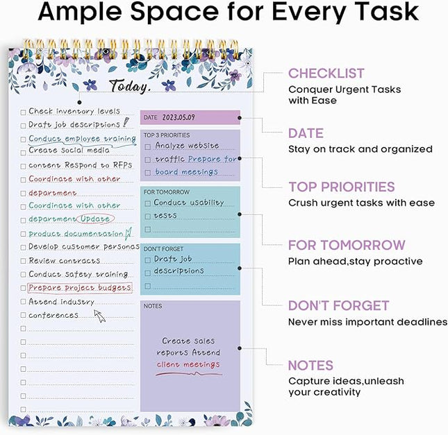 Taja To Do List Notepad - To Do List Notebook for Work with 52 Sheets, 9.8" x 6.5", Undated Daily Planner Perfect for Daily Tasks and Goal Setting, Notepad Suitable for Office, Home & School - VioletBloom