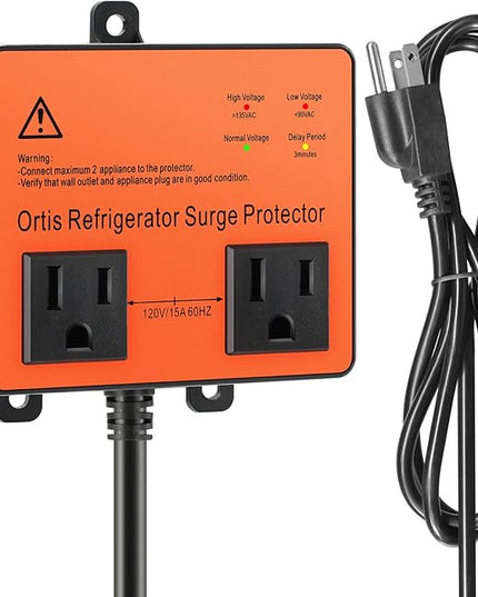 Refrigerator Surge Protector, Ortis Double Outlet Voltage Protector for Home Appliances with Time Delay, 5ft Power Cord, Protects Against Brownout, Spike, Instant Surge All Voltage Abnormalities