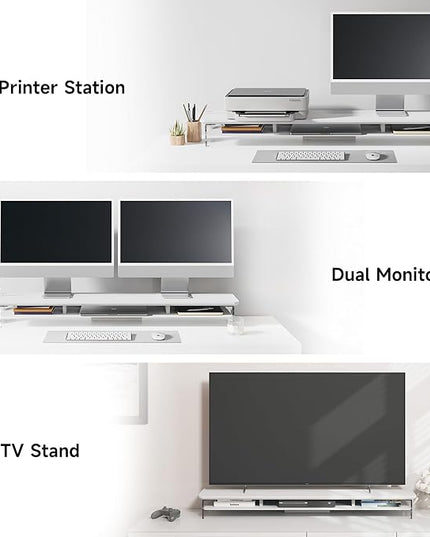 Fenge Acrylic Monitor Stand Riser, 42.5 Inches Dual Monitor Stand with Metal Storage, 2 Tier Acrylic Computer Riser for Desk, Clear Laptop Stand for PC, Laptop, Printer, TV, White