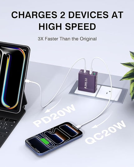 [2Pack] 60W USB C Plug,5-Port Fast Charger Block PD+QC Cube Wall Charging Box Brick for iPhone 17/16/15/14/13 for Samsung Galaxy S25/S24/S23/S22/S21+/S21 Ultra, Magsafe Wireless Charger,(Purple)