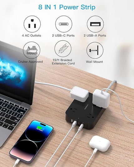 Black Extension Cord 15 Ft, HANYCONY Flat Plug Power Strip with 4 Outlets 4 USB Ports(2 USB C), Wall Mount Charging Station, No Surge Protector for Home Office College Dorm Room Travel Essentials