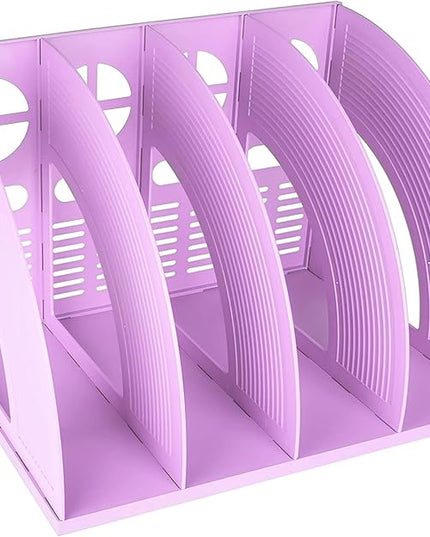 SAYEEC Sturdy Magazine Holder 4 Compartments Plastic Desktop File Organizer File Dividers Office Organizer Storage Document Magaizne Rack Display Box (Purple)