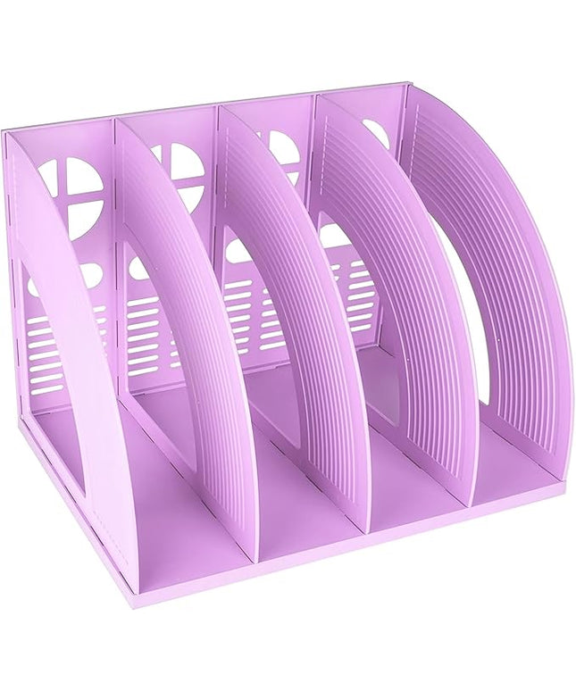 SAYEEC Sturdy Magazine Holder 4 Compartments Plastic Desktop File Organizer File Dividers Office Organizer Storage Document Magaizne Rack Display Box (Purple)