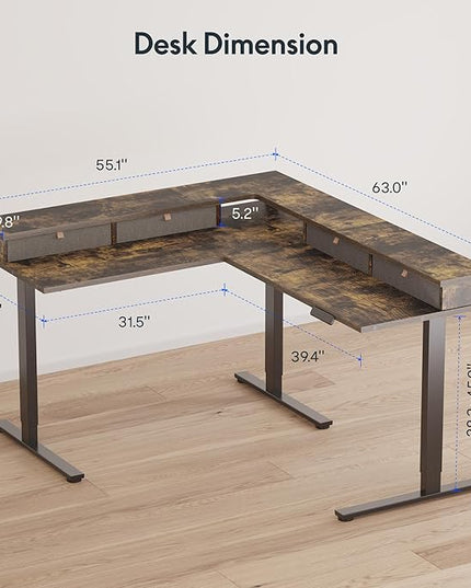 FLEXISPOT 63" L Shaped Standing Desk Electric Corner Table with Shelf, 4 Storage Drawers, Adjustable Computer Workstation for Home, Office, Game, Studio, Rustic Brown Top + Black Frame