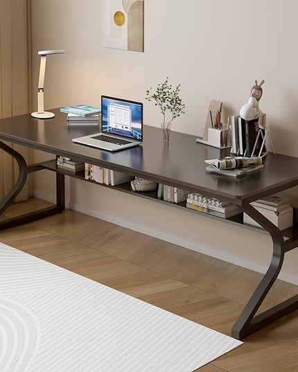 Extra Long Desk with Bookshelf - 71" Double Long Writing Table for 2-Person Workstation, Modern Study Work Computer Desk for Home and Office, Black