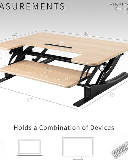 VIVO 36 inch Height Adjustable Stand Up Desk Converter, V Series, Quick Sit to Stand Tabletop Dual Monitor Riser Workstation, Light Wood Top, Black Frame, DESK-V000VO