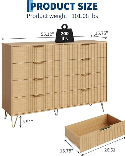 Garvee Fluted Dresser for Bedroom with 8 Drawers,55" Wide Modern Chest of Wooden Bedroom Chest with Metal Handle,Clothes Storage Organizer,Closet Dresser & TV Stand for Living Room,Hallway