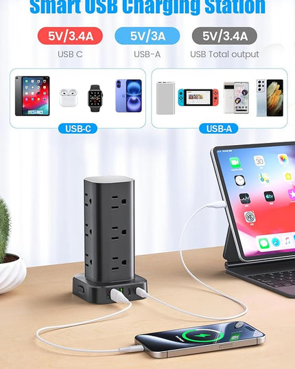 Tower Power Strip with 15W Wireless Charger, 10FT Flat Plug Extension Cord with Multiple Outlets, 12 AC Outlets, 4 USB Ports (2 USB C) Charging Station Surge Protector for Office Home Dorm Room(Black)