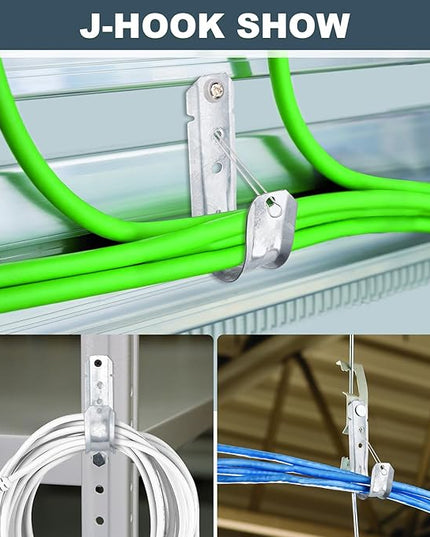 COCODE 25 Pack Wall Mount 2’’ J Hooks with Retainer Clip Galvanized Steel Cable Hangers Heavy Duty Utility Hooks Cable Management Support for Structured Cabling