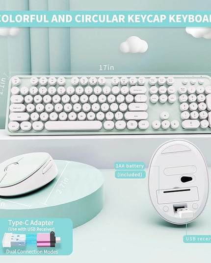 Wireless Keyboard and Mouse Combo, Ergonomic Full Size Typewriter Retro Round Keycaps Keyboard, Compatible with Windows, PC, Perfer for Home and Office Keyboards（Green）