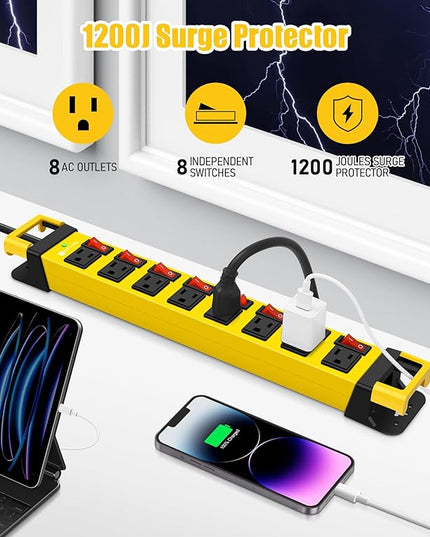 Heavy Duty Power Strip with Individual Switches,8 Outlets 14 Gauge Industrial Shop Garage Metal Multiple Outlets,1200J Surge Protector Mountable Power Strip (Yellow, 25 FT)