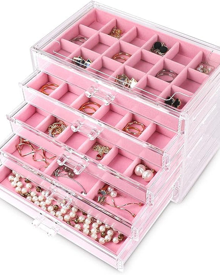 Frebeauty Acrylic Jewelry Organizer Earring Organizer Box with 5 Drawers Earring Holder Organizer with Velvet Trays Clear Jewelry Box for Women Earring Display for Rings StudsPink