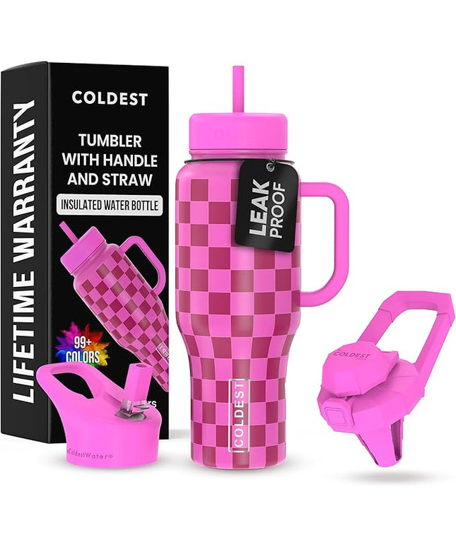 Coldest Tumbler with Handle and Straw, 100% Leak Proof Insulated Tumbler with Lid and Straw (3 Lids), Stainless Steel Tumblers for Women & Men, Cup Holder Friendly, 36 oz (Purple Checkers)