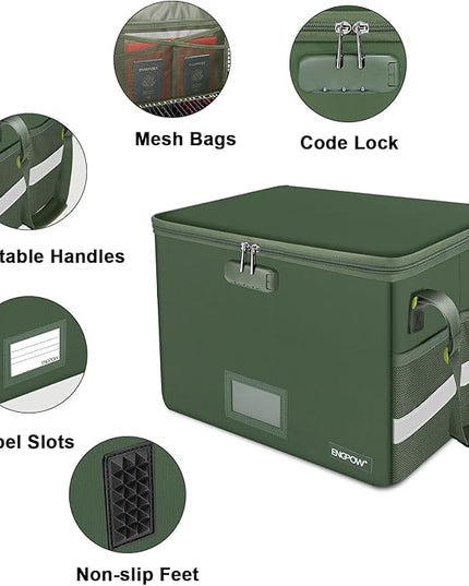 ENGPOW File Box with Lock, Fireproof Document Box with Pockets, Collapsible File Organizer Filing Storage Cabinet with Handle, Portable Home Office Safe for Hanging Letter/Legal Folders,Green,2 Pack