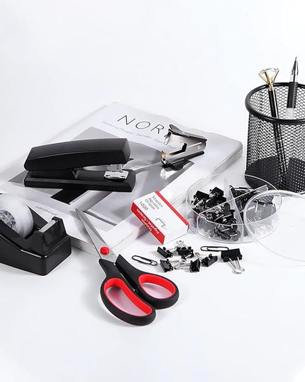 Black Desk Accessories, Office Supplies Set with Stapler, Tape Dispenser, Staple Remover, Pen Holder, Scissor, Binder/Paper Clips, Ballpoint Pen, Clear Tape and 1000pcs Staples