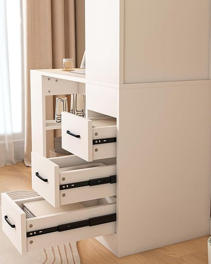 KEIKI L Shaped Desk with Drawers and Hutch, Corner Office Desk with Storage, Computer Desk with 4-in-1 Socket, 3 Drawers & 4 Shelves, White
