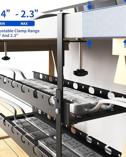 31Inch Extendable Under Desk Cable Management Tray Multi-Model Metal Cable Management Tray Under Desk Cord Management with Clamp Power Strip Cord Holder for Wire Cable Management, Black
