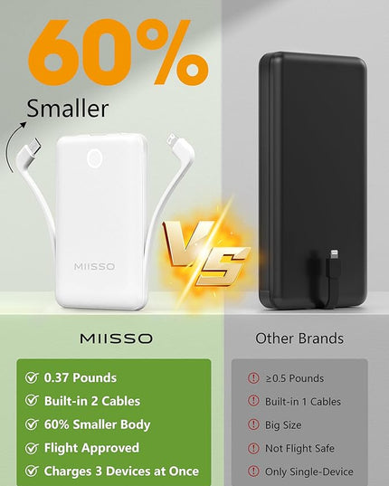 miisso 10000mAh Mini Portable Charger with Built in Cable, Pocket Size Power Bank Travel External Battery Pack for Phone, 3 Output USB Type C Cord Clutch Compatible with iPhone, Samsung, White