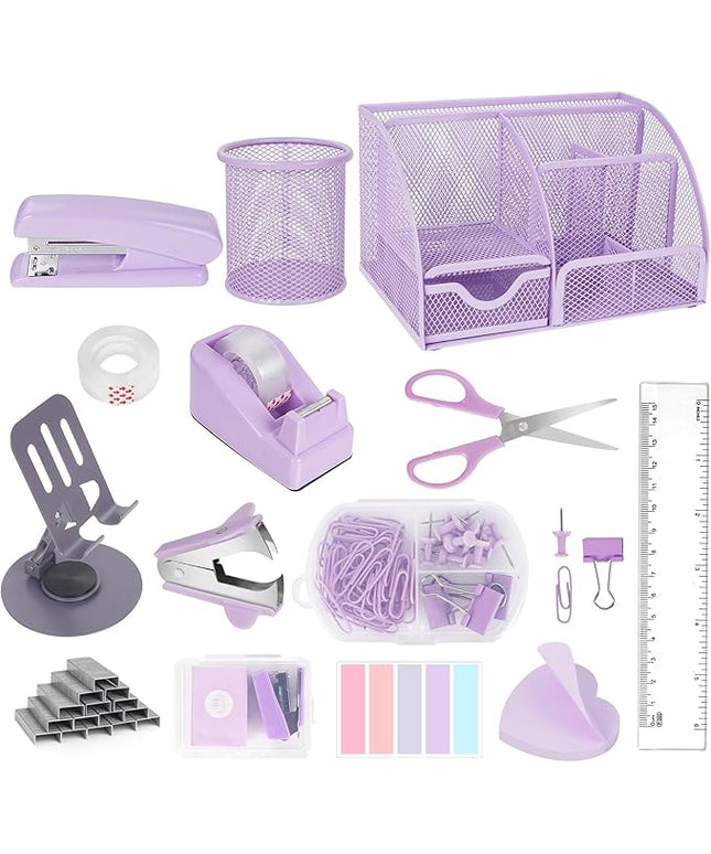 Desk Organizers and Accessories, Office Supplies 15PS Set with Stapler, Staple Remover, Pen Holder, Clips Set, Tape Dispenser, Tape, Phone Holder, 1000 Staples, Ruler, Scissors (Purple)