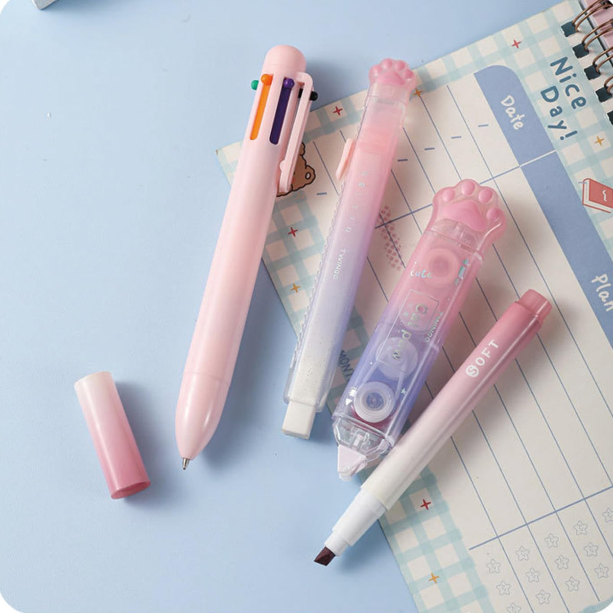 MOZXIRZ 9 Pcs Cute Pink Stationery Set Cat Paw School Supplies Kawaii Office Supplies Including Pens Pencil Sharpener Highlighter Eraser Correction Tape Ruler Utility Knife (Cat Paw-Pink)