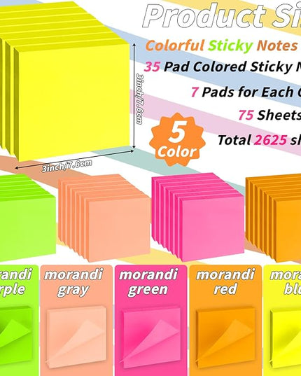35 Pack Sticky Notes Bulk 3 x 3 In Self Stick Notes Pads Colorful Posted Note in 5 Bright Color Adhesive Paper Memo 75 Sheets/Pad Easy to Post note pad for Office Home School Notebook Wall Door Window