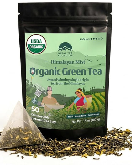 NEPAL TEA Organic Green Tea Bags from the Himalayas - 50 Pyramid Tea Bags, Single Origin from a Family Farm - Green Tea Bags with Loose Leaf Tea Inside (Himalayan Mist)