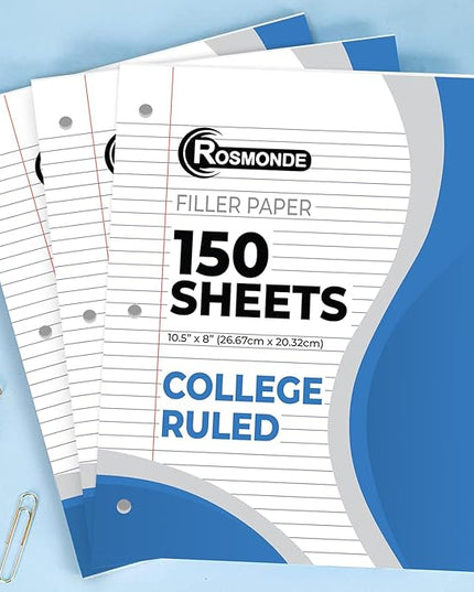 Rosmonde Bulk Loose Leaf Paper, 3600 Sheets, College Ruled, Bulk Filler Paper for Office, 8 x 10.5", 3 Hole Punched, 56 Gsm Thick Sheets, 24 Pack, 150 Sheets/Pack, Bulk Notebook Sheet for School