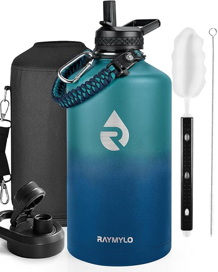 One Gallon Water Bottle Insulated, Triple Walled Vacuum Stainless Steel (Cold for 48 Hrs), Leak Proof & Non-BPA, Large Water Flask Jug with Paracord Handle & Straw Spout Lids