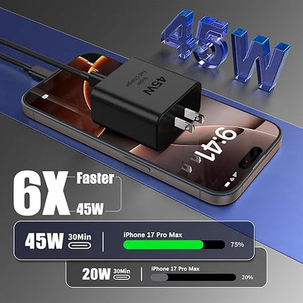 iPhone 17 Charger Fast Charging,2Pack 45W USB C Charger Block Power Adapter&10FT Type C USB C to C Cable Cord for iPhone 17 Pro Max/17 Air/17 Pro/17/16e/16 Plus/15 Pro Max,iPad Pro/Mini/Air,Galaxy S25