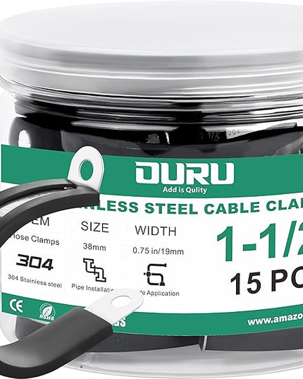 OURU 15pcs 1-1/2 Inch Stainless Steel Cable Clamps,Rubber Coated Cushioned Insulated Cable Clamp,Automotive Cable Wire Clamps,Pipe Clamps,Metal Clamp for Tube,Lines,Wire Cord Installation(Black,38mm)