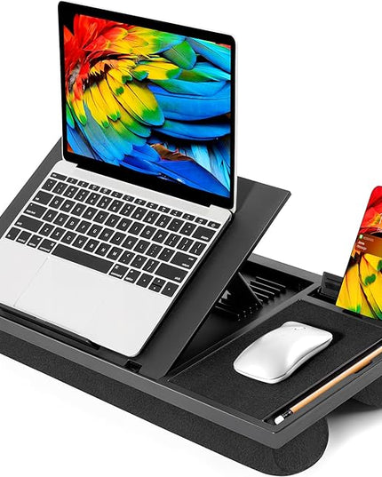 LORYERGO Adjustable Laptop Desk with Cushion, Mouse Pad & Cellphone Slot - Laptop Stand for Bed & Couch, Lap Desk for Home & Office (Black)