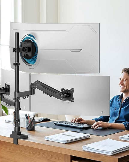 Triple Monitor Mount up to 49 inches, Fully Adjustable Heavy Duty 3 Monitor Arm with Gas Spring, Desk Mount for 3 Screens, C-Clamp & Grommet Base, Holds 44 lbs, Black
