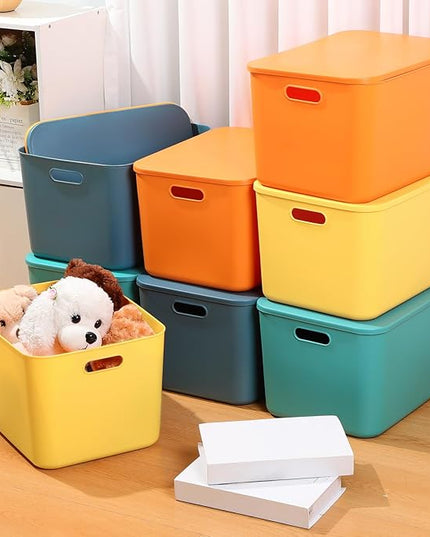 Hoolerry 8 Pieces Colorful Storage Bins with Lid, Plastic Storage Basket Organizing Container Stackable Box with Handle for Shelves Desktop Playroom Office(16.1 x 12.0 x 9.7 Inch,Multi-colored)