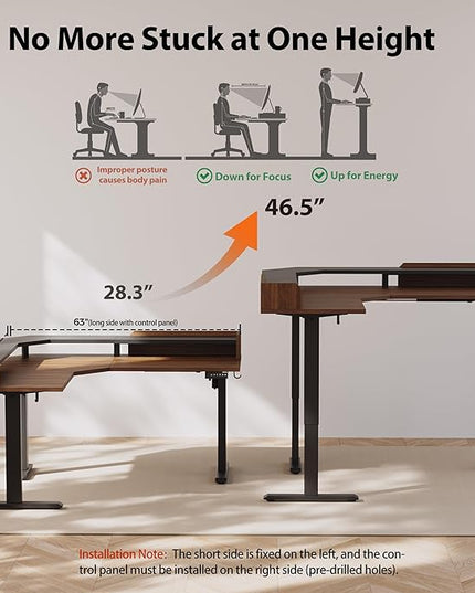 Agilestic L Shaped Standing Desk, Adjustable Height Corner Gaming Desk with Shelf, Sit Stand Up Desk, 63 x 55 Inch Home Office Computer Table, Dark Walnut