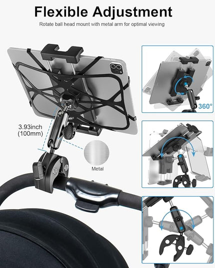 Metal iPad Tablet Mount Holder for Boat Helm, Wheelchair Pole, Bike, Motorcycle, Stroller, Fitness bike, Road Mountain Bicycle, Scooter Handlebar Clamp for 4.7-13" iPad Pro, Air, Mini, iPhone, Galaxy