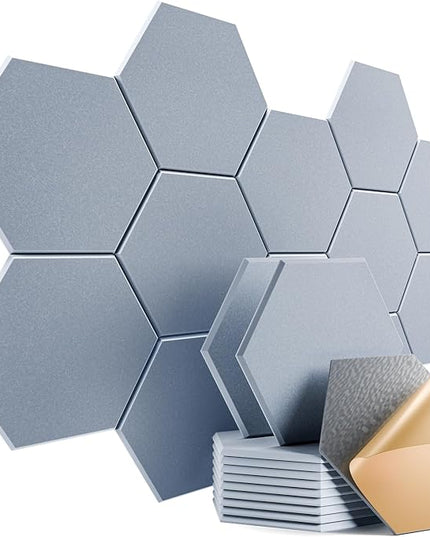 12 Pack Self-adhesive Acoustic Panels 12" X 10" X 0.4" - Sound Proof Foam Panels with High Density, Stylish Hexagonal Design, Flame Resistant, Absorb Noise and Eliminate Echoes(Smoky Gray)