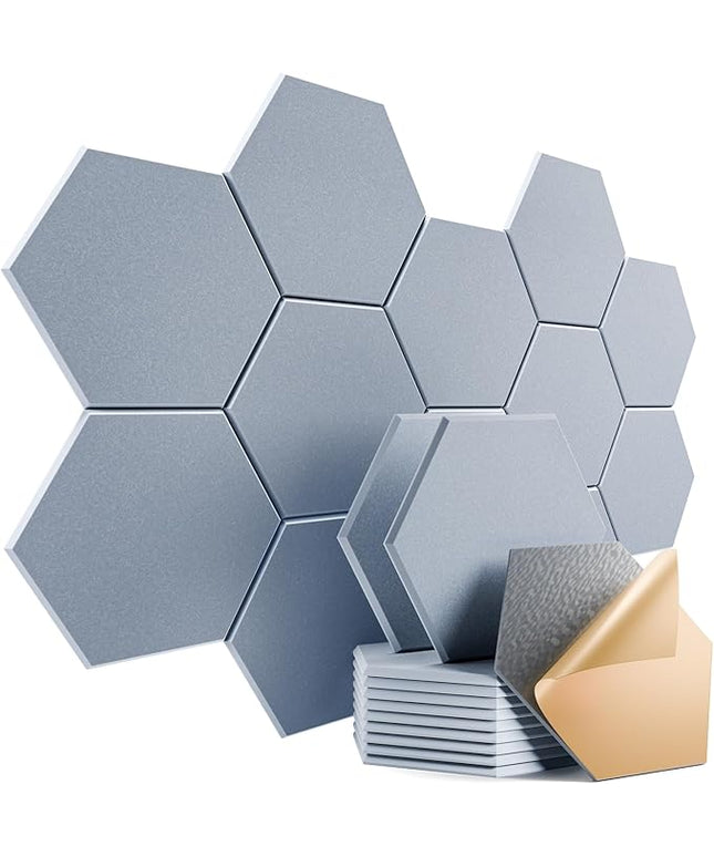 12 Pack Self-adhesive Acoustic Panels 12" X 10" X 0.4" - Sound Proof Foam Panels with High Density, Stylish Hexagonal Design, Flame Resistant, Absorb Noise and Eliminate Echoes(Smoky Gray)