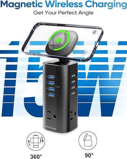 Flat Plug Surge Protector Tower, TenTrend Power Strip Tower with Surge Protection, 3 AC Outlets & 8 USB Ports, 5FT Extension Cord, 115W Total Fast Charging Tower for Multiple Devices