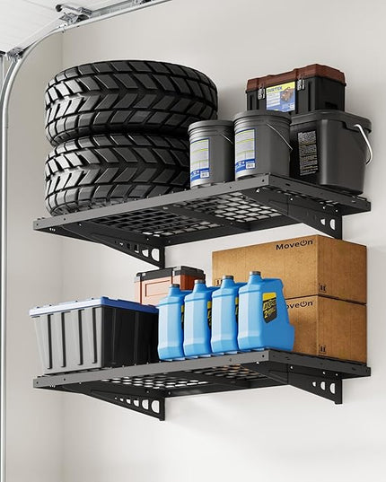 FLEXIMOUNTS 2 Pack 2x4ft Garage Storage 24x48 inch Heavy Duty Bike Wall Shelving Rack, 660lbs Total Weight Capacity, Black, Pro Series