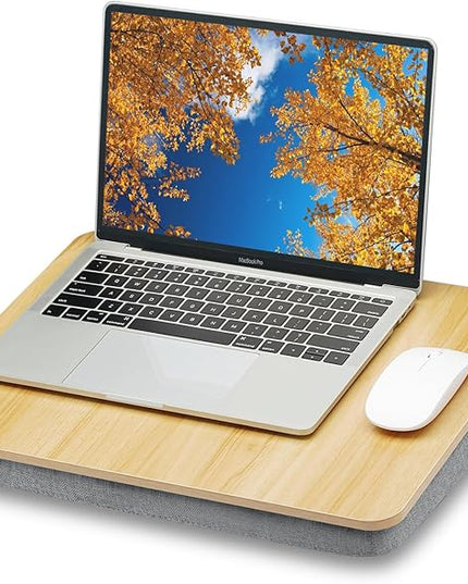 ZEAPTAC Lap Desk with Pillow Cushion, Portable Laptop Bed Desk, Fits up to 15.6 inch Laptop, Lap Stand for Bed & Couch & Carpet, Book Tablet/Drawing Board - Light Brown Wood